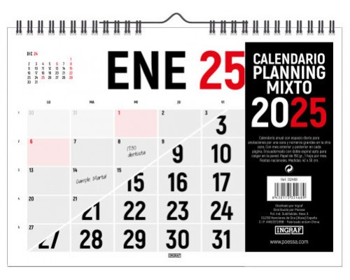 CALENDARIO 2025 PARED HORIZONTAL DOBLE CARA 42 x 30 CM INGRAF 332468 (Espera 4 dias)