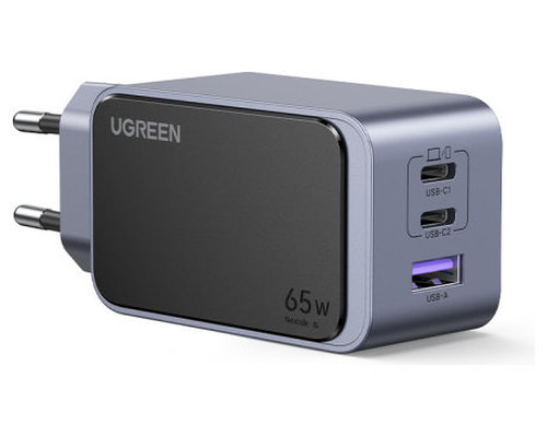 Ugreen Nexode Air 65W sieninis kroviklis, USB + 2x USB-C pilkos spalvos Ordenador port&aacute;til, Tel&eacute;fono m&oacute;vil, Rat&oacute;n, Port&aacute;til, Bater&iacute;a port&aacute;til, Tableta Gris Corriente alterna Carga r&aacute;pida Interior (Es