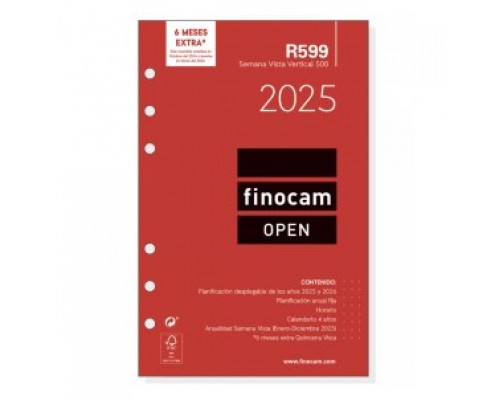 RECAMBIO ANUAL 2025 R599 OPEN500 117X181MM SEMANA VISTA VERTICAL FINOCAM 711500025 (Espera 4 dias)