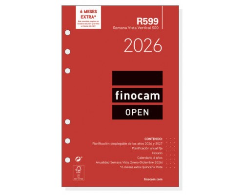 RECAMBIO ANUAL 2026 R599 OPEN500 117X181MM SEMANA VISTA VERTICAL FINOCAM 711500026 (Espera 4 dias)