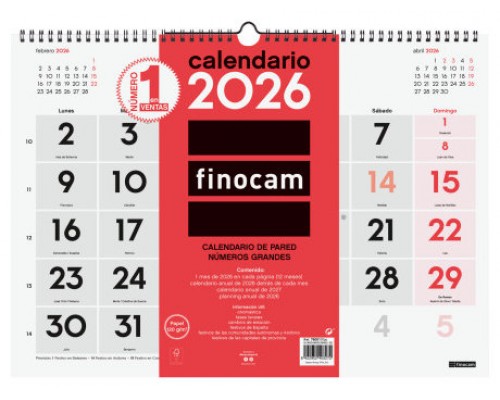 CALENDARIO 2026 NEUTRO PARED NUMEROS GRANDES L 430X310MM FINOCAM 780010026 (Espera 4 dias)