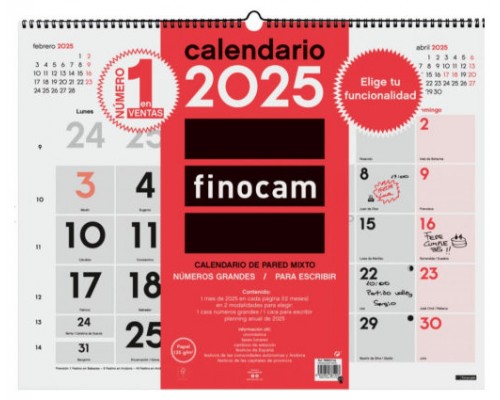 CALENDARIO 2025 NEUTRO PARED MIXTO XL 540X420MM FINOCAM 780020025 (Espera 4 dias)