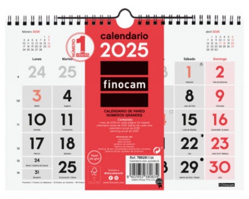 CALENDARIO 2025 NEUTRO PARED NUMEROS GRANDES S 210X150MM FINOCAM 780200025 (Espera 4 dias)