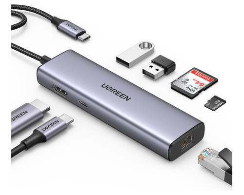 UGREEN HUB 7 EN 1, 2USB3.0, LECTORTARJETA, MICROSD, RJ45 ETHERNET GGBT1000MBPS, USB C100W (Espera 4 dias)