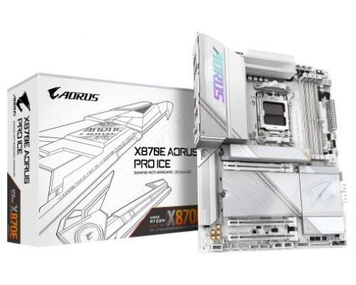 GIGABYTE Placa base X870E AORUS PRO ICE - Compatible con CPUs AMD Ryzen 9000, VRM digital de 16+2+2 fases, hasta 8000MHz DDR5 (OC), 4xM.2 + 4xPCIe 5.0, Wi-Fi 7, LAN 2.5GbE, USB 3.2 Gen 2x2 (Espera 4 dias)