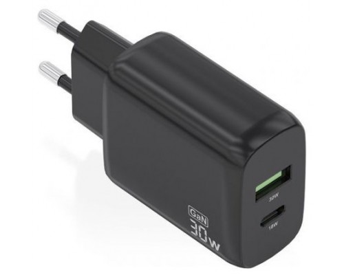 AISENS - CARGADOR GaN 30W, 1xUSB-C PD3.0 QC4.0, 1xUSB-A QC3.0, NEGRO