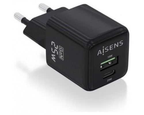 AISENS - CARGADOR GaN 25W, 1xUSB-C PD3.0 QC4.0, 1xUSB-A QC3.0, NEGRO