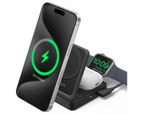 CARGADOR ANKER MAGGO MAGNETIC WIRELESS CHARGER 15W FOLDABLE 3-IN-1 BLACK EU PLUG