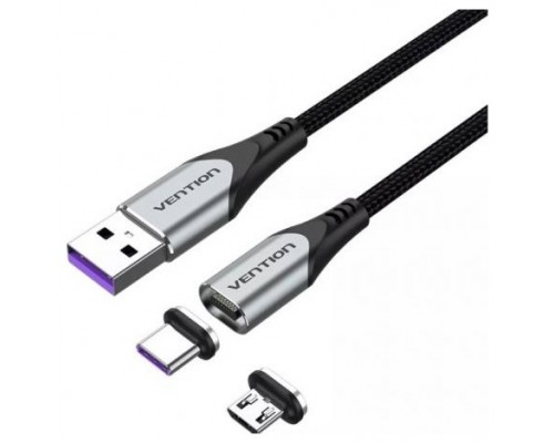 CABLE USB-A MAGNETICO CON ADAPTADOR MICROUSB/M USB-C/M 1.5 M GRIS VENTION (Espera 4 dias)