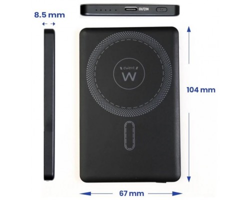 EWENT POWERBANK ULTRASLIM MAGSAFE® 5000MAH  PD 20W, 1X USB-C (IN/OUT), 1X USB-A PORT, 104X67X8’55MM, 112GR, BLACK (Espera 4 dias)
