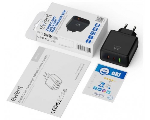 EWENT Cargador Gan Fast 65W 2 USB-C PD-1USB-A QC