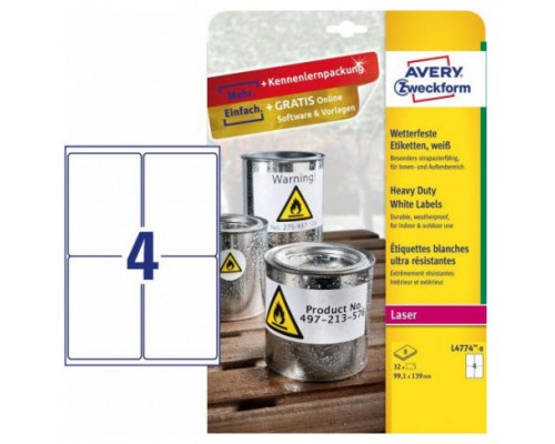 PAQUETE 8 HOJAS ETIQUETAS DE POLIÉSTER BLANCO PARA IMPRESORAS LÁSER 99,1X139 MM AVERY L4774-8 (Espera 4 dias)