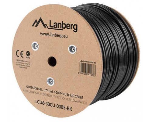 BOBINA CABLE RED LANBERG EXTERIOR UTP RJ45 CAT.6 GEL-FILLED CU AWG24 305M  NEGRO