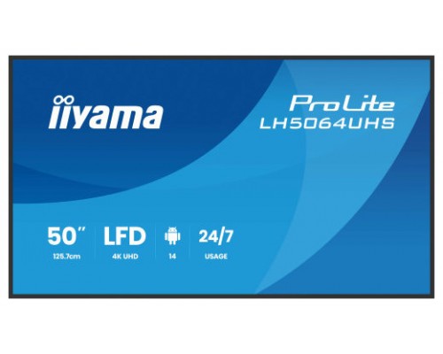 IIYAMA MONITOR 50" 3840x2160, UHD VA DLED  500cd/m, HORIZ Y VERT, MM 2x 10W, 2x HDMIx 1x USB-C, USB 2.0 x2, WiFi, LAN, Media Play USB Port, Control LAN / RS232C, Android 14 OS, 24/7 Operation, VESA Mount 400x300 - wallmount included (LH5064UHS-B1AG) 