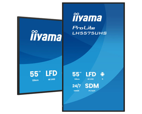 MONITOR IIYAMA 55" 3840X2160, UHD VA, 500CD/M2, HORIZ VERT,FAILOVER,MM 2X 10W, HDMI 3X, DP, DP-OUT, USB 2.0 X2, WIFI, LAN, MEDIA PLAY USB, LAN / RS232C, IISIGNAGE2, IISHARE, IICONTROL ANDROID 11, PC-SLOT SDM-L, 24/7, VESA 400X400 (LH5575UHS-B2AG) (Es