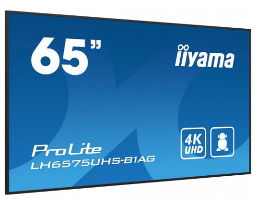 MONITOR IIYAMA 65" 3840X2160, UHD IPS PANEL,  HAZE 25%, 500CD/M², LANDSCAPE AND PORTRAIT, SIGNAL FAILOVER, SPEAKERS 2X 10W, MULTIPLE INPUTS (DVI-I (VGA), HDMI 3X), DP-OUT (MST/MIRROR/TILING), USB 2.0 X2, WIFI, LAN, MEDIA PLAY USB PORT, CONTROL L