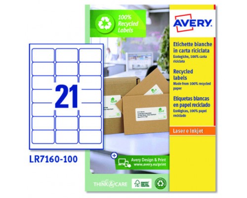 CAJA 100 ETIQUETAS BLANCAS RECICLADAS - QUICKPEEL - IMPRESORAS LÁSER - 63,5X38,1 - 21 ETIQUETAS POR HOJA AVERY LR7160-100 (Espera 4 dias)