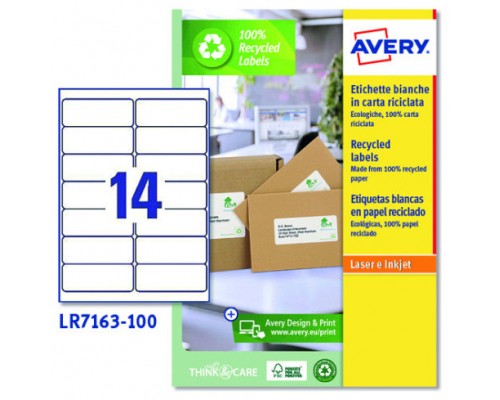 CAJA 100 ETIQUETAS BLANCAS RECICLADAS - QUICKPEEL - IMPRESORAS LÁSER 99,1X38,1MM - 14 ETIQUETAS POR HOJA AVERY LR7163-100 (Espera 4 dias)