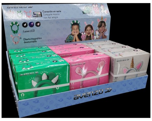 AVENZO Pack Auriculares Infantiles + Expositor: 4 Conejo + 4 Dinosaurio + 4 Unicornio + expositor