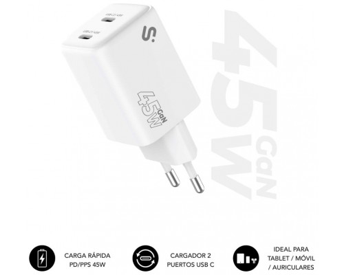 CARGADOR PARED/VIAJE 2xUSB-C GaN 45W PD BLANCO SUBBLIM (Espera 4 dias)